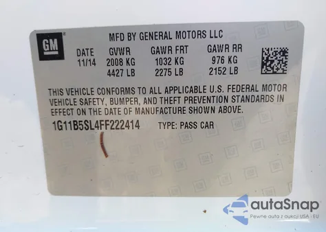 2015 Chevrolet Malibu Ls из США, поврежденный, VIN 1G11B5SL4FF222414